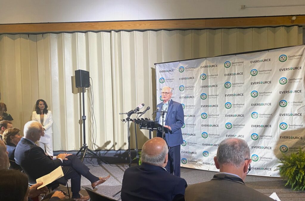 Senator Barrett speaking at a ribbon-cutting event for the Framingham geothermal pilot.
